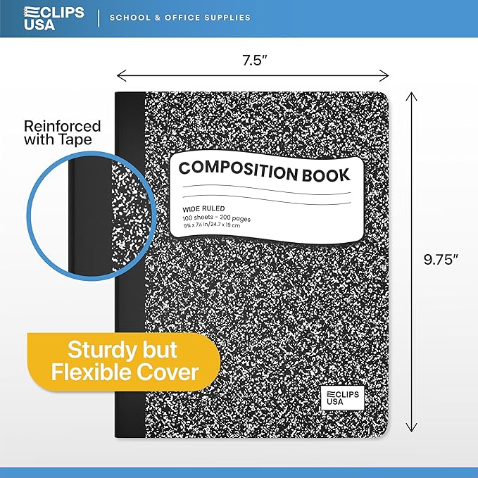 Composition Notebook Wide Ruled Composition Notebooks Bulk Black Marble Hard Cover Wide Ruled Notebook Paper Note Books For Schools Marble Composition Books 100 Sheets 200 Pages 9.75” x 7.25” (48 Pack)