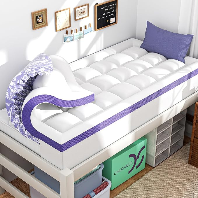 Dorm Room Essentials Dual Layer 4 Inch Memory Foam Mattress Topper Full XL | 2 Inch Gel Memory Foam and 2 Inch Pillow Top Mattress Pad for Back to School , 7-Zone Egg Crate & 2-in-1 Design (White)