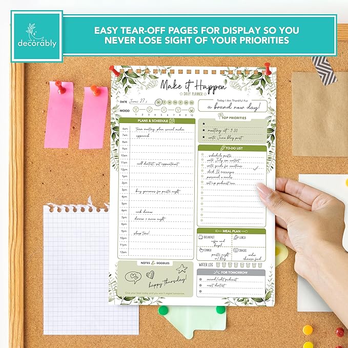 Decorably 52 Sheets Forest Green Undated Daily Schedule Notepad - 6.5x10in Spring-Bound, Easy Tear-Off, to Do List, Schedule, Priorities, Agenda, Water Intake, Meals, Notes and Doodles - Home, Office