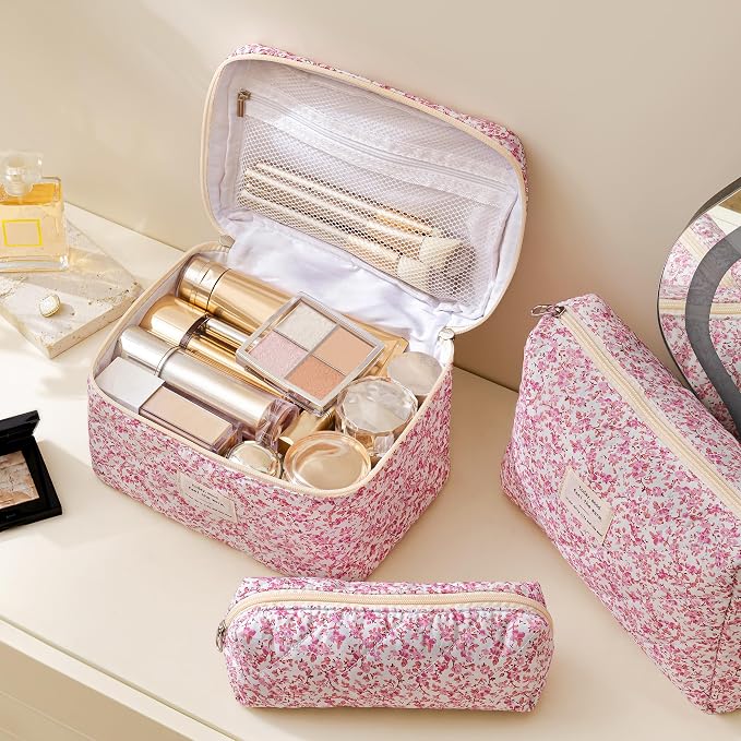 HBselect Quilted Makeup Bag, 3Pcs Cotton Large Travel Makeup Bags Organizer | Cute Floral Make up Bag Cosmetic Bag Toiletry Bag for Women Girls, Makeup Pouch for Skincare, Brushes & Travel Essentials