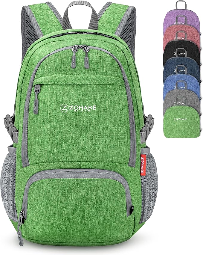ZOMAKE Lightweight Packable Backpack, 25L Small Foldable Daypack for Hiking | Water Resistant Collapsible Backpacks for Women Men, Everyday Carry, Multi Compartment Storage, Adjustable Strap(Dark Green)