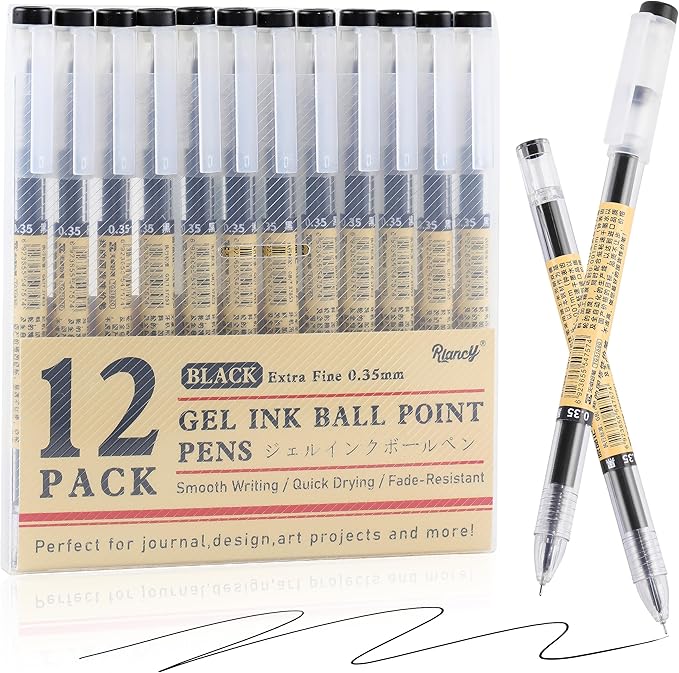 Japanese Style Black Gel Ink Pens, 0.35mm Extra Fine Point, No Smudge Quick Drying, Japanese Ink Pen for Journal Planners, Thin Notebook Paper, Office School Supplies, 12 Pack, Writing Drawing