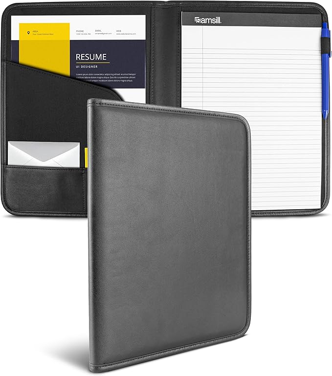 Samsill Professional Padfolio - Faux Leather Portfolio Folder for Men and Women, Leather Padfolio with 8.5 x 11 Writing Pad, Resume Portfolio Folder, Functional Business Portfolio for Meetings and Interviews, Black
