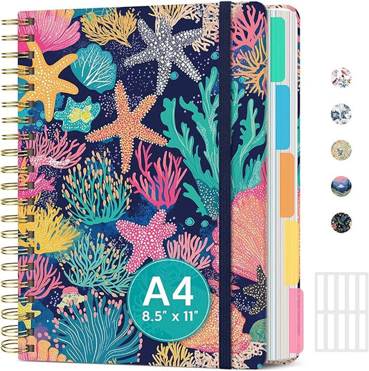Large Lined Spiral Journal for Women Cute Hardcover 5 Subject Notebook for Work 8.5" x 11" with Removable Dividers & Tabs, College Ruled, 280 Pages Aesthetic Journal for Work, School & Note Taking, Coral Reef