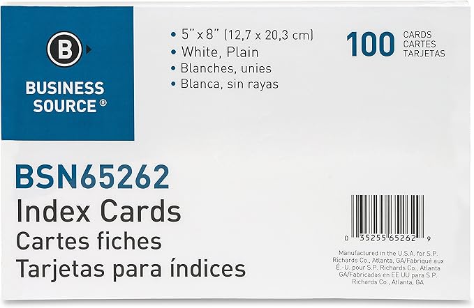 Business Source Plain Index Cards, White, 5 X 8