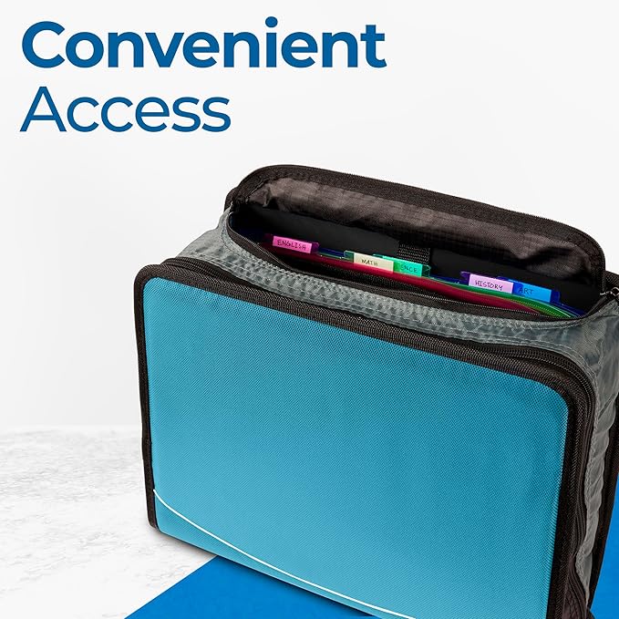 Case-it Mighty Zip Tab School Zipper Binder | 3-Inch O-Rings, 600-Sheet Capacity, 5-Subject Expanding File Folder, Multiple Pockets & Storage Organizer, Shoulder Strap | D-146 Aqua Marine