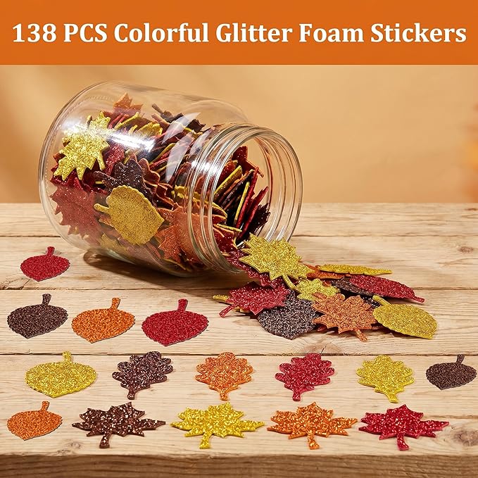 Fall Decor - Maple Leaf Glitter Foam Stickers | 138 PCS Self Adhesive Fall Stickers - Thanksgiving Crafts for Kids -Friendsgiving Party Supplies Favors for Halloween Gifts