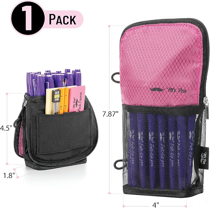 Mr. Pen- Standing Pencil Case Pouch, Sit & Lay Mesh-View Design, Black & Pink, Interior Pocket & 2 Elastic Binder Loops, Cute Pencil Case for Girls and Boys