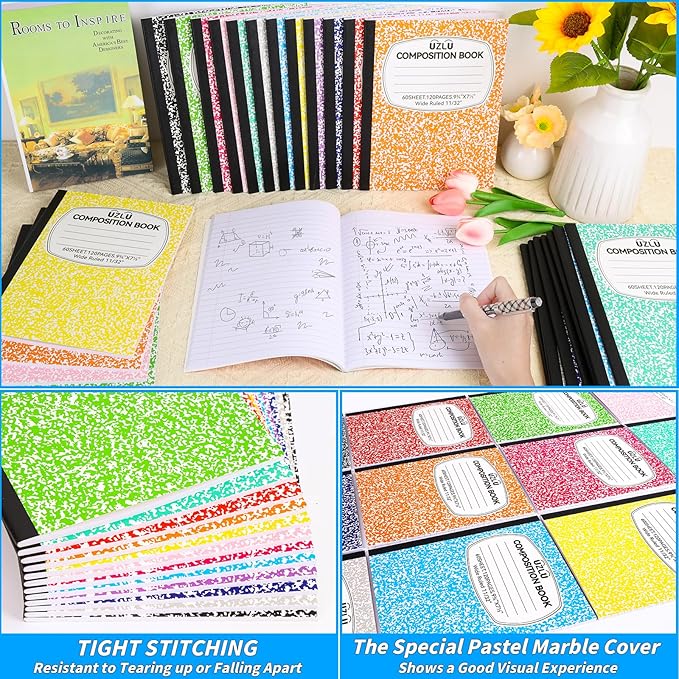 UZLU 36 Pack 9.75 x 7.5 in Large Composition Notebooks Bulk 12 Color Wide Ruled Composition Books Marble Journal Notebook 60 Sheets per Book for Aldult Student College Office Back to School Supplies