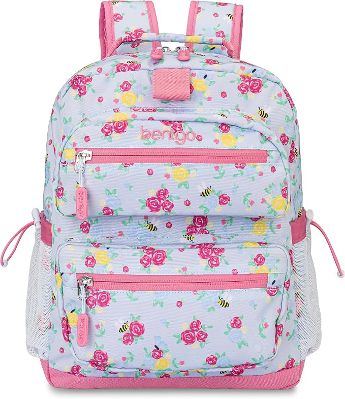 Bentgo Kids Print Backpack - Lightweight 14” Backpack for School, Travel & Daycare, Ideal for Ages 4+, Durable & Water-Resistant, Roomy Interior, & Loop for Lunch Bag (NEW Blooming Floral)