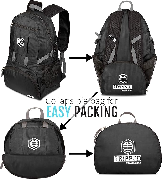 TRIPPED Travel Gear Traveling Backpack- Foldable collapsible lightweight backpack for travel (Black) 35 liters