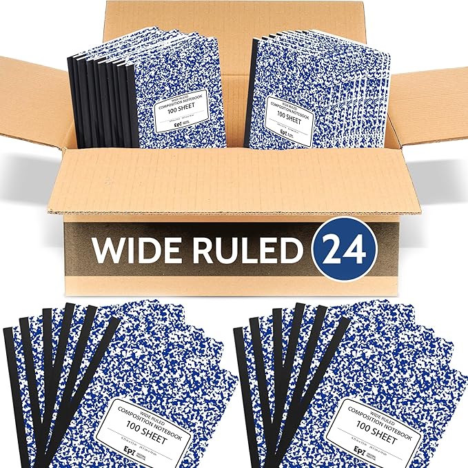 24 Pack - EPI Wide Ruled Marble Composition Notebook - Blue 200 Page Note Book - 9.75 x 7.5 Inch Hardcover Journal with Sewn Binding for Secure Pages - Classroom Back to School Supplies