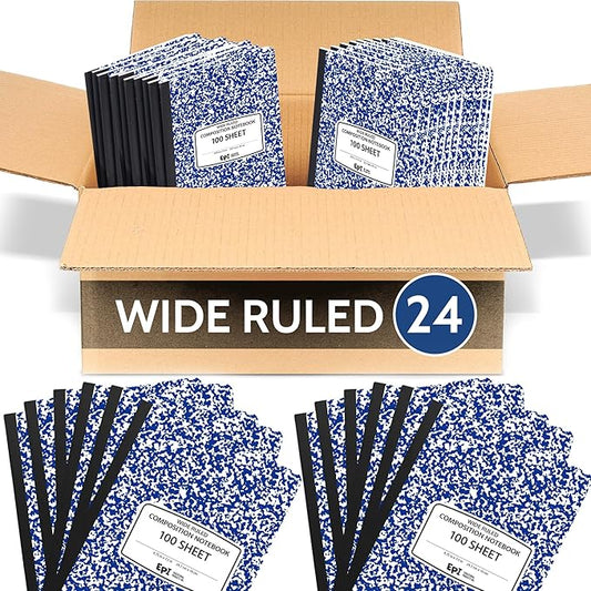 24 Pack - EPI Wide Ruled Marble Composition Notebook - Blue 200 Page Note Book - 9.75 x 7.5 Inch Hardcover Journal with Sewn Binding for Secure Pages - Classroom Back to School Supplies