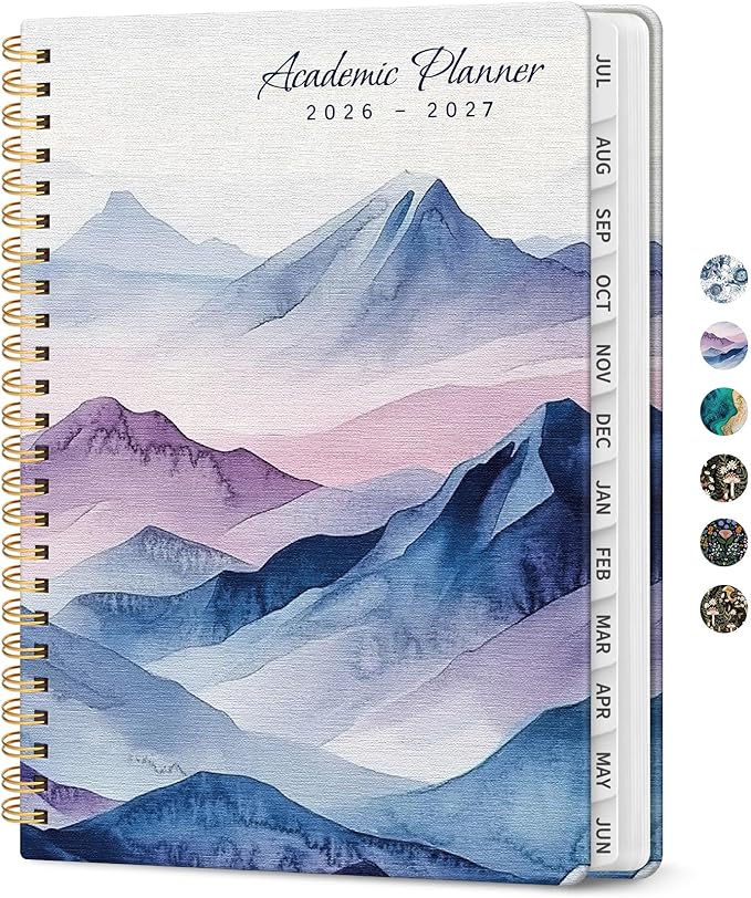 Planner 2026-2027, Academic Monthly and Weekly Calendar Planner for Women, July 2026 - June 2027, Hardcover Pretty Agenda Planner Book with Tabs, Spiral Daily Organizer for School Office Home Supplies, 6.3" x 8.5" - Distant Peaks