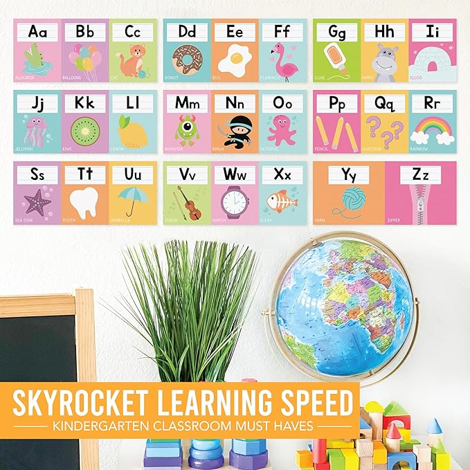 Hadley Designs Alphabet for Classroom Wall Decor - ABC Posters for Classroom Wall Chart Preschool & Kindergarten, ABC Letters & Number Line Elementary, Alphabet Cards, Pastel Classroom Decor