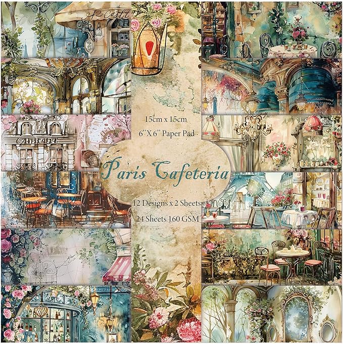 Scrapbook Paper,24 Sheets 6"x 6" Vintage Scrapbook Supplies,Single-Sided Pattern Decorative Cardstock Paper for Junk Journal,Card Making,DIY Album, Art Journaling,Decoupage Craft,Paris Cafeteria