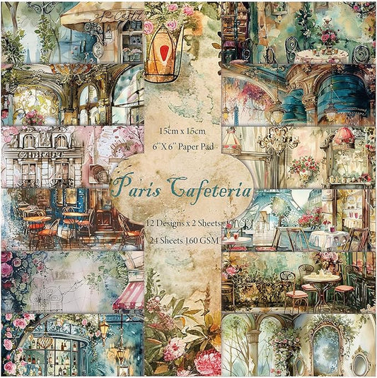 Scrapbook Paper,24 Sheets 6"x 6" Vintage Scrapbook Supplies,Single-Sided Pattern Decorative Cardstock Paper for Junk Journal,Card Making,DIY Album, Art Journaling,Decoupage Craft,Paris Cafeteria