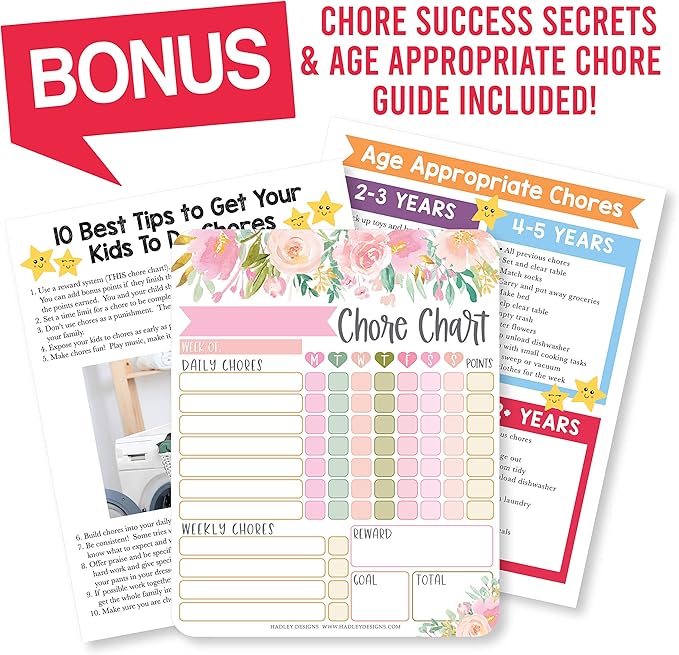 Hadley Designs Magnetic Chore Chart for Kids – Reward Chart for Kids, Dry Erase Responsibility Board for Children at Home, Fridge Behavior Tracker for Daily & Weekly Tasks, Floral Toddler Chore Board