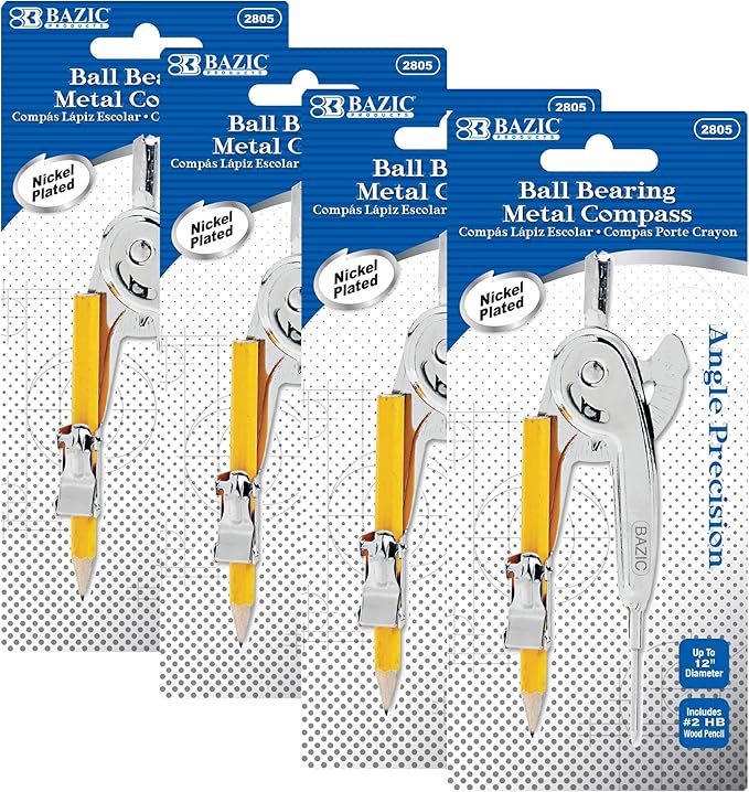 BAZIC Products Geometry Math Compass Set w/Scale-Arm, Nickel Plated Metal Ball & HB Wood Pencil, Inch Centimeter, Mathematical Drafting Drawing Tool, 4-Pack