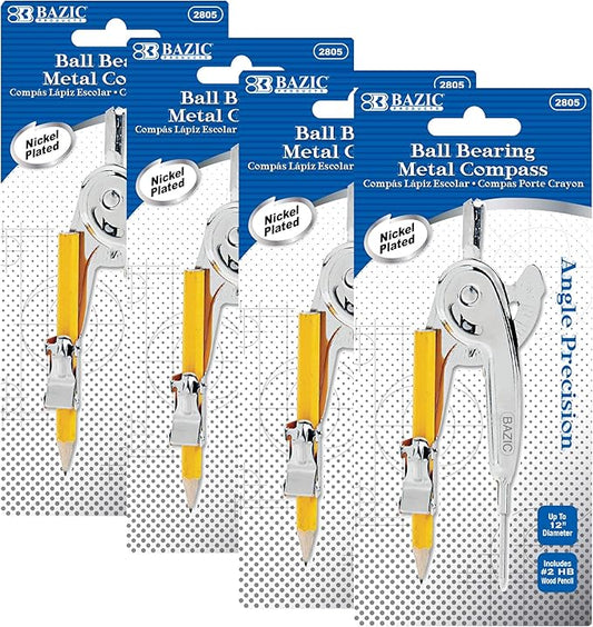 BAZIC Products Geometry Math Compass Set w/Scale-Arm, Nickel Plated Metal Ball & HB Wood Pencil, Inch Centimeter, Mathematical Drafting Drawing Tool, 4-Pack