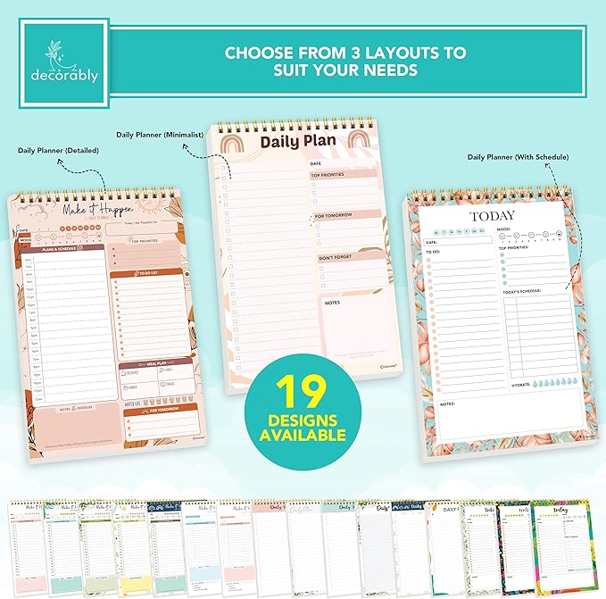 Decorably 52 Sheets Boho Celestial Undated Daily to Do List Notepad - 6.5x10" Spring-Bound Planner, Easy Tear-Off, for Schedule, Priorities, Agenda, Water Intake, Meals, Notes & Doodles - Home, Office