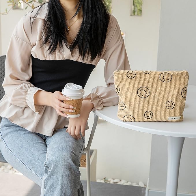 GUTGNK Makeup bag for Women, Corduroy Cosmetic Bag Aesthetic Design Ladies Tote Bag,Cute Smiley Face Makeup Organizer with Zipper - Khaki