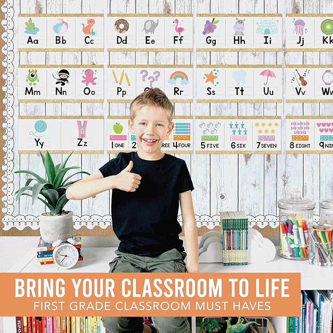 Hadley Designs Alphabet for Classroom Wall Decor - ABC Posters for Classroom Wall Chart Preschool & Kindergarten, ABC Letters & Number Line Elementary, Alphabet Cards, Varsity Letter Classroom Decor