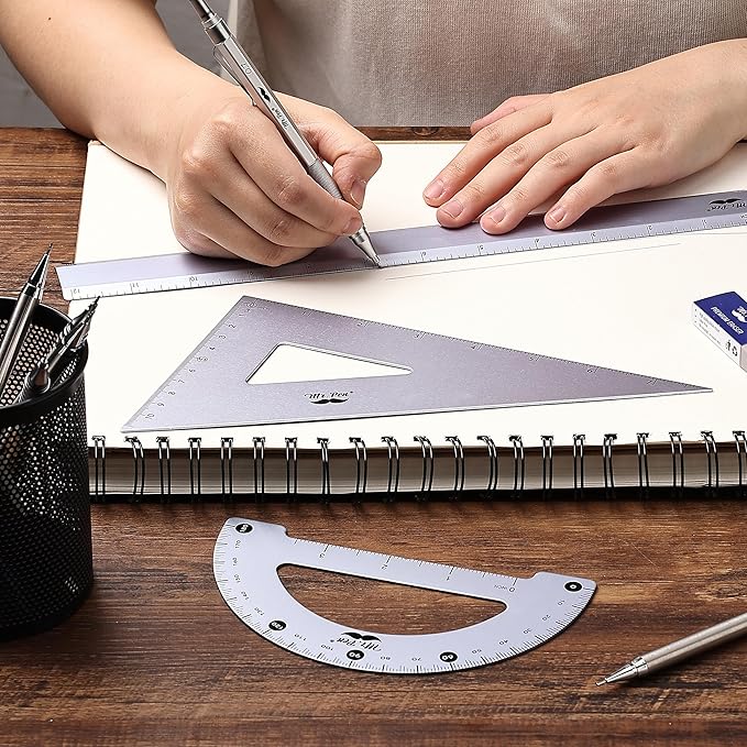 Mr. Pen- Metal Geometry Kit, 4 Pack, 45° & 30°/60° Set Squares, 6" Protractor & 12" Ruler, Durable Metal Drafting Tools for Technical Drawing, Math, Engineering & Architecture