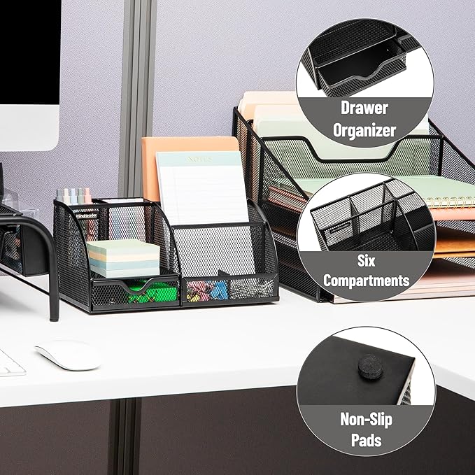 Mind Reader 7-Compartment Desktop Organizer, File & Accessory Storage, Metal Mesh Office Organizer for Desk, Workspace, Mail, Black
