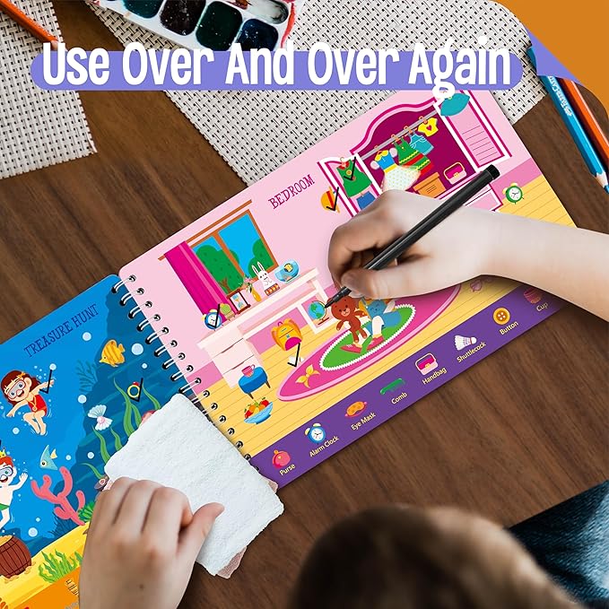 SpriteGru Search & Find Book, 30 Dry Erase Activities Game Pad, Reusable & Erasable Montessori Learning Toy Educational Games Autism Sensory Toys for Preschool Girls and Boys Ages 3, 4, 5, 6