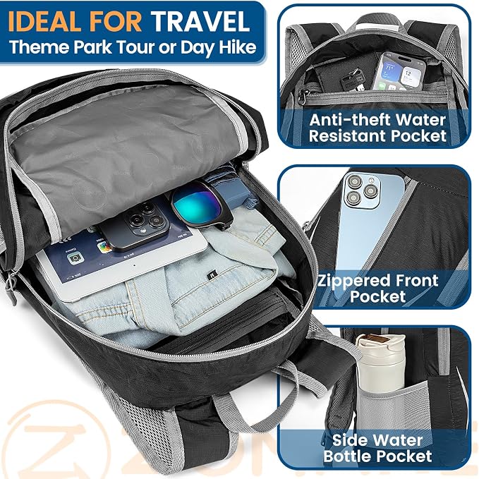 ZOMAKE Lightweight Packable Backpack 25L, Foldable Hiking Daypack | Water Resistant Small Folding Backpacks for Travel, Everyday Carry, Multi-Pocket Layout, Breathable Shoulder Strap
