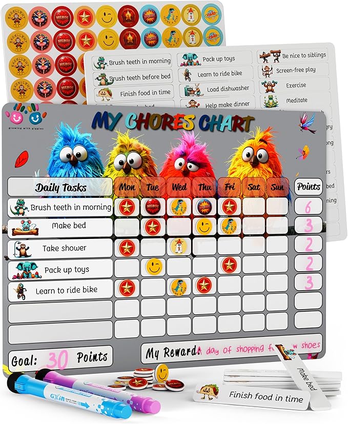 Mimi Doodle Magnetic Chore Chart for Kids – 16x12 Dry Erase Daily Responsibility Board for Fridge with 39 Chore tabs, 100 Reward Stickers – Behavior Chart for Kids at Home – Birds Theme