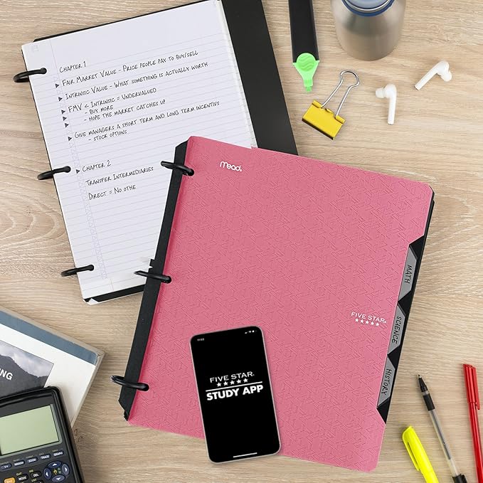 Five Star Flex Refillable Notebook + Study App 1 Inch O-Rings Binder with Pockets Tabs and Dividers, 220 Sheet Capacity, Includes 60 Sheets 8.5" x 11" College Ruled Paper, Prom Pink (293280R)