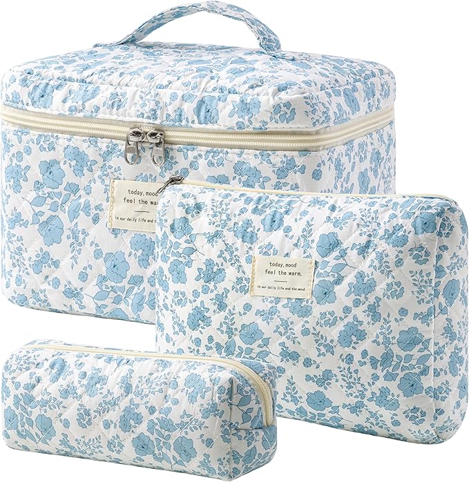 HBselect Quilted Makeup Bag, 3Pcs Cotton Large Travel Makeup Bags Organizer | Cute Floral Make up Bag Cosmetic Bag Toiletry Bag for Women Girls, Makeup Pouch for Skincare, Brushes & Travel Essentials