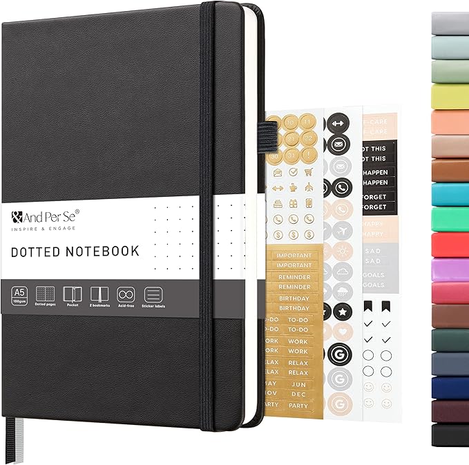 &And Per Se Dotted Journal Notebook – A5 Hardcover, 160 Pages 100gsm Paper, Dot Grid Notebook for Planning & Creative Journaling, 3 Sticker Sheets Included (Black)