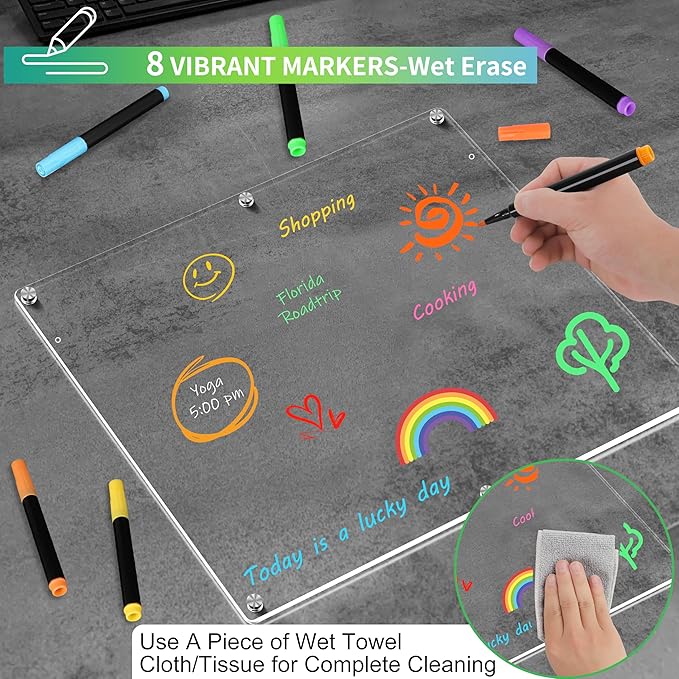 Acrylic Magnetic Dry Erase Board for Fridge 16"x12" Magnetic Whiteboard for Refrigerator Clear Acrylic Board Magnet White Board for Fridge Wall 8 Markers