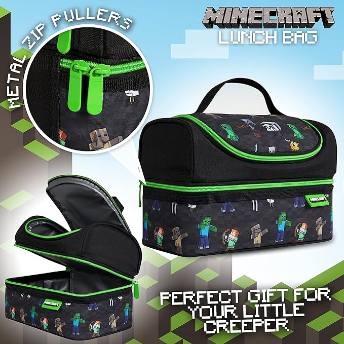 Minecraft Insulated Lunch Bag for Kids Creeper Lunchbox for Boys School Supplies Food Carrier Snacks Picnic Beach Days Travel Gamer Gifts for Kids (Black)