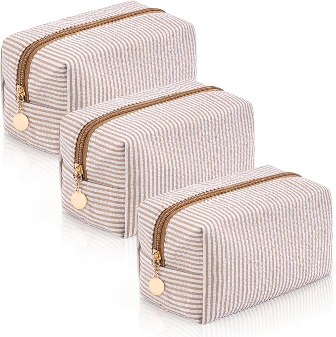 3PCS Makeup Bag Travel Toiletry Bag for Women, Small Cosmetic Bags Cute Brown Stripe Aesthetic Organizer Makeup Pouch for Purse Emergency Bag Pencil Case Accessory Bag