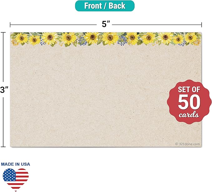 321Done Sunflower Floral Index Cards - Blank, No Lines - (50) Small 3x5 Kraft Cards - For Studying, Learning, Flashcards, Desk Notes, Messages, Notecards, Card Making - Cute, Pretty - Made in the USA