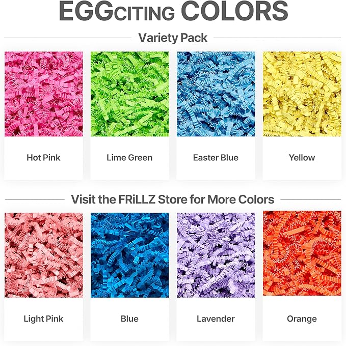 FRILLZ by DECOfill™ Easter Grass Variety Pack - 4 Colors - Crinkle Cut Paper - Basket Filler - Green, Blue, Hot Pink, Yellow- Recycled Material - Non-Toxic Dyes - 25 oz Total - Made with US materials