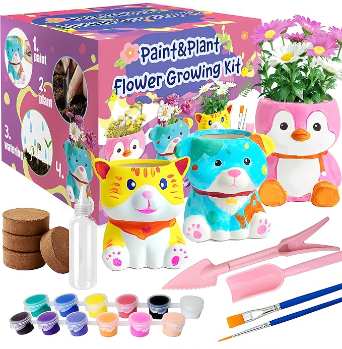 yasest Paint & Plant Flower Growing Kit for Kids - 4 Set DIY Animal Pattern Ceramic Painting Kit, Kids Gardening Set, Arts & Crafts for Ages 8-12, Birthday Gifts for 5 6 7 8 9 10 11 12 Year Old Girl