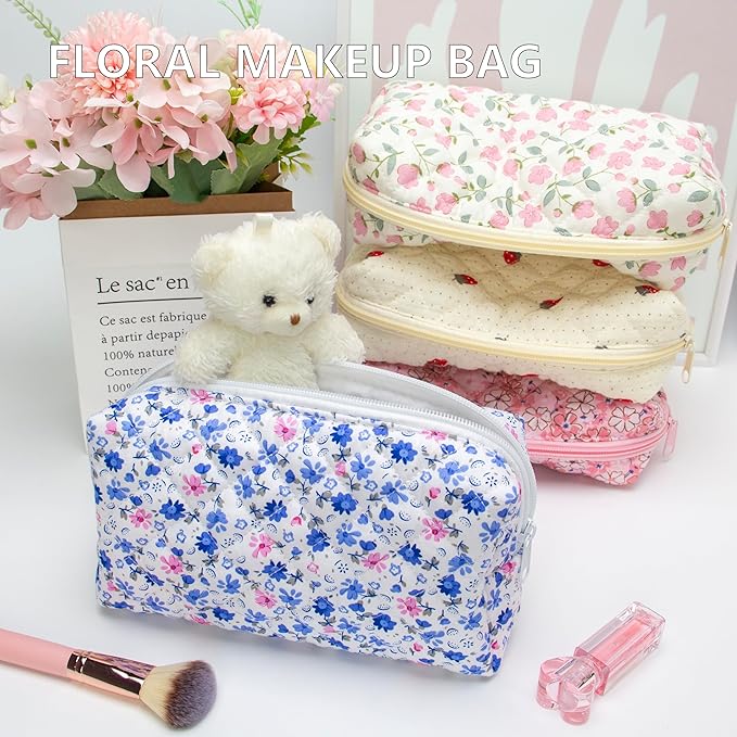 PAZIMIIK 6PCS Vintage Quilted Makeup Bag SET Cosmetic Pouch for Brushes Pencils and Travel Make Up Accessories for Women and Girls Flower Blue