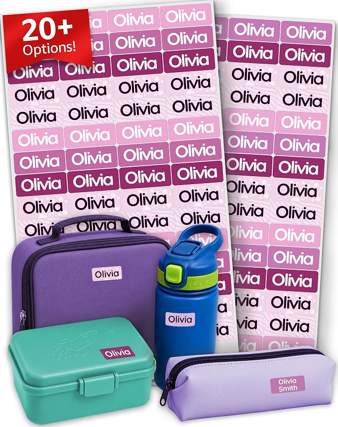 Personalized Universal Name Labels for Kids & Adults - Purple [70pcs] - Waterproof Name Stickers for School, Daycare & Clothes - Item & Supplies Name Stickers - Custom Stick On Labels