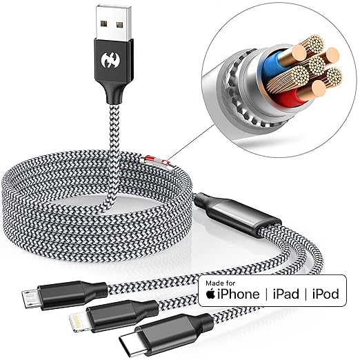 Multi Charging Cable 2ft 2Pack 3 in 1 Charger Cord, Short Multiple Rapid Nylon Braided Cable USB Charging Cable Multi Phone Charger Cord with Type C Micro Lightning USB Connectors for Cell Phones