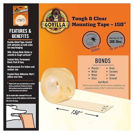 Gorilla Tough & Clear Double Sided Mounting Tape, Clear Tape, 1" x 150" - Weatherproof for Indoor or Outdoor (Pack of 6)