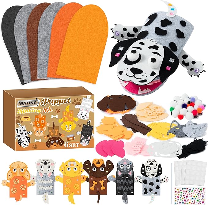 WATINC 6Pcs Hand Puppet Making Kit, Art Craft Felt Sock Puppet Toys, Creative DIY Make Your Own Pompoms Wiggle Googly Eyes Storytelling Role Play Party Supplies Gift for Girls Boys (Dog A)