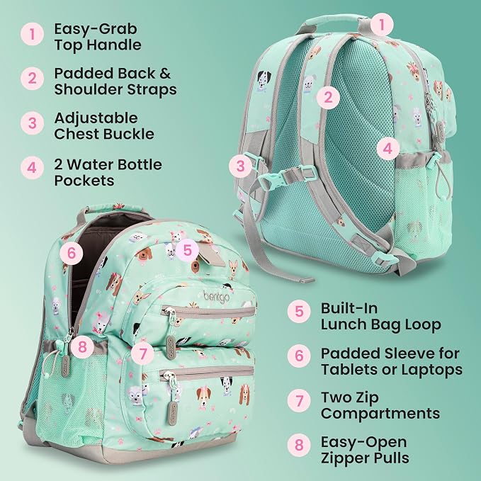 Bentgo Kids Backpack - Lightweight 14” Backpack in Fun Prints for School, Travel, & Daycare, Ideal for Ages 4+, Roomy Interior, Durable & Water-Resistant Fabric, & Loop for Lunch Bag (Puppy Love)