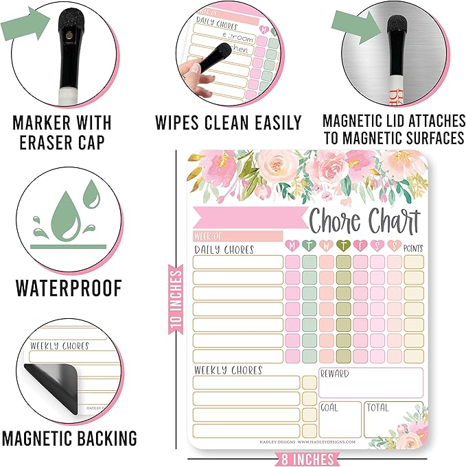 Hadley Designs Magnetic Chore Chart for Kids – Reward Chart for Kids, Dry Erase Responsibility Board for Children at Home, Fridge Behavior Tracker for Daily & Weekly Tasks, Floral Toddler Chore Board