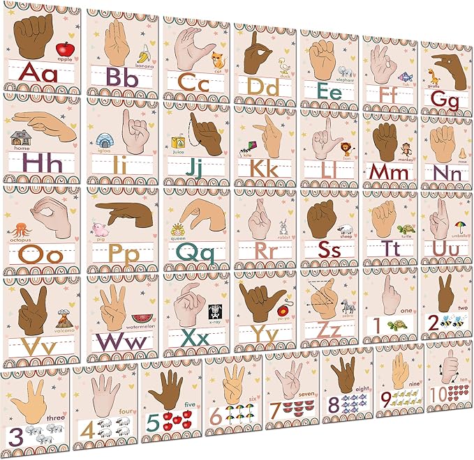 YIYDONG 36 Pieces ASL Alphabet Line Bulletin Board Set ABC Number Sign Language Flash Cards Wall Decorations for Pre-School Kindergarten Elementary Classroom Nursery Homeschool (Boho Rainbow)
