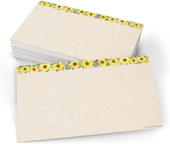 321Done Sunflower Floral Index Cards - Blank, No Lines - (50) Small 3x5 Kraft Cards - For Studying, Learning, Flashcards, Desk Notes, Messages, Notecards, Card Making - Cute, Pretty - Made in the USA